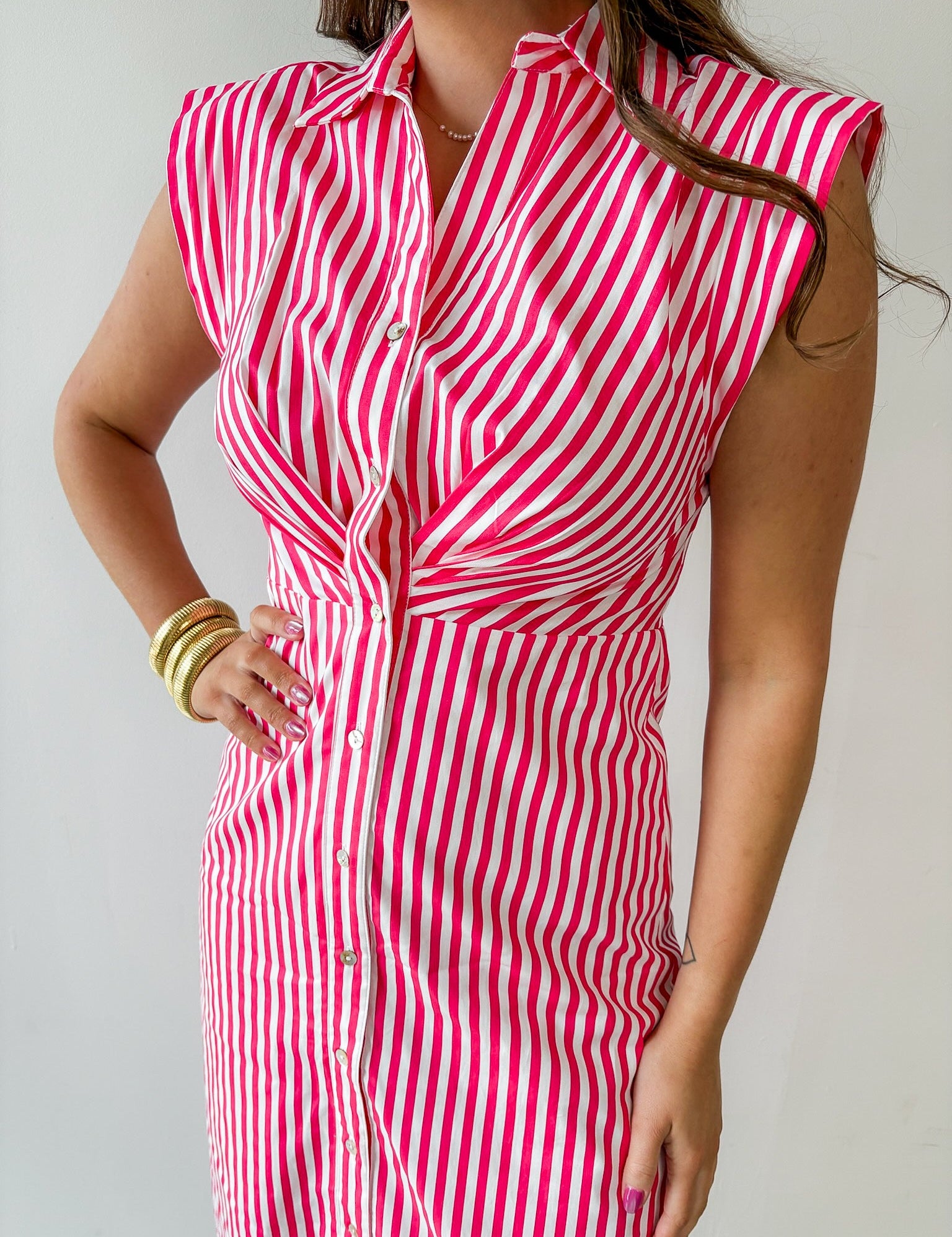 Striped Button Down Dress - Pink/White