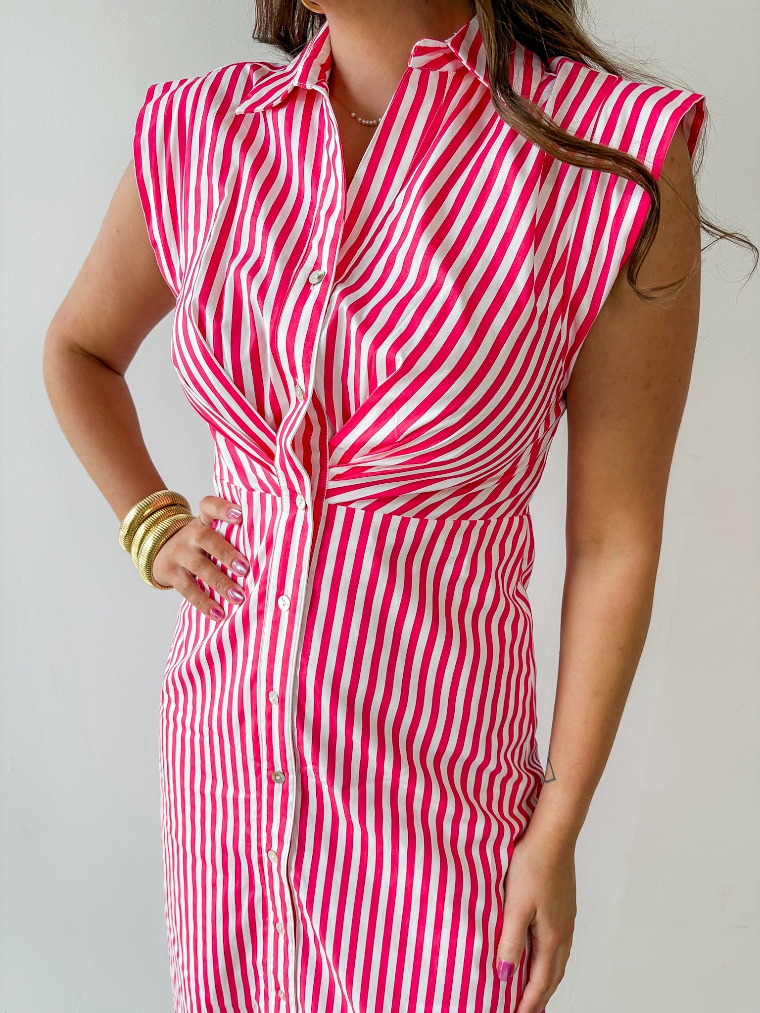 Striped Button Down Dress - Pink/White