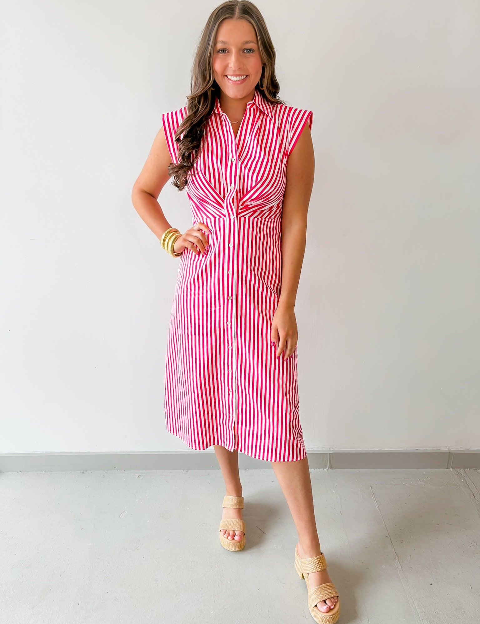 Striped Button Down Dress - Pink/White