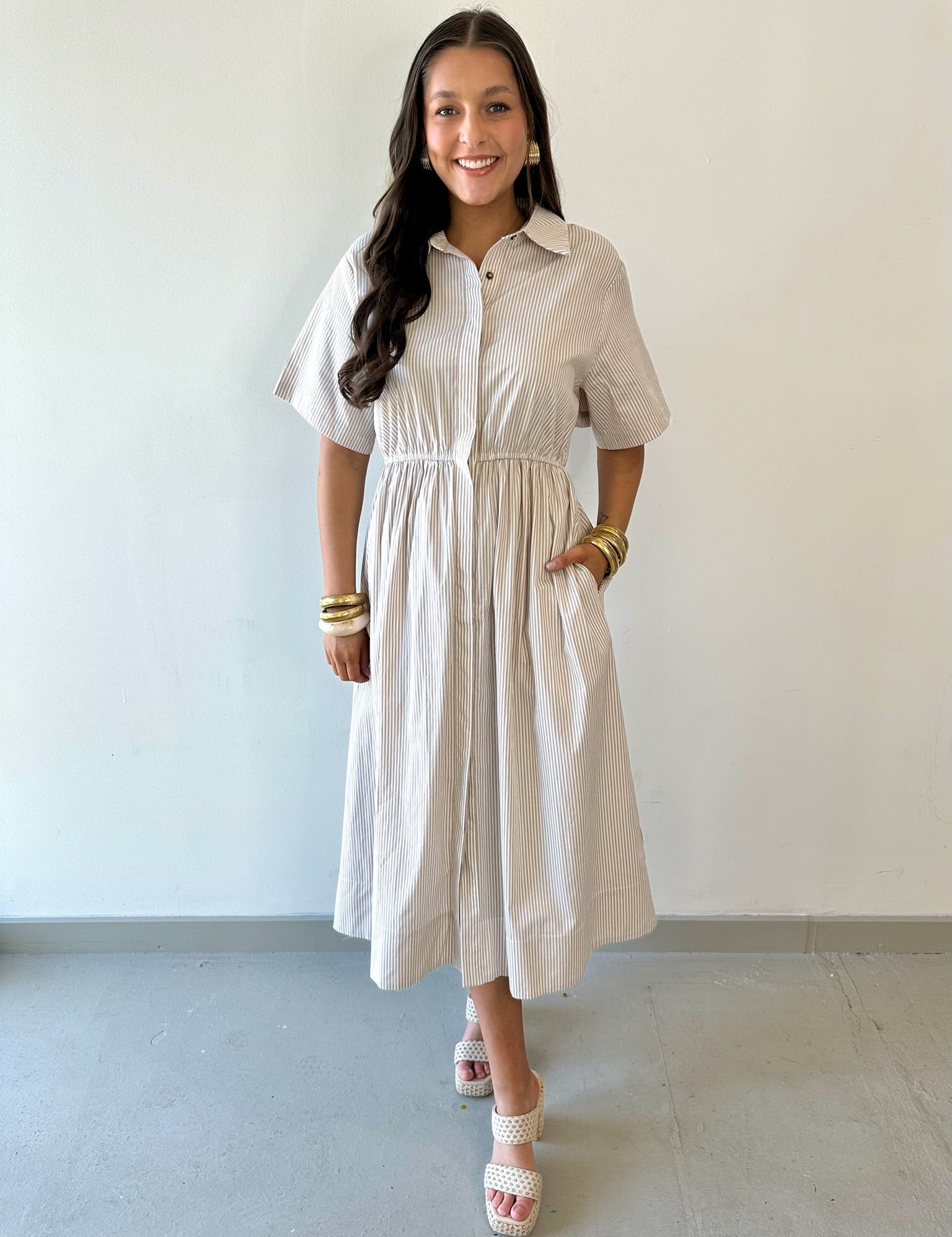 Striped Collared Maxi Dress - Taupe