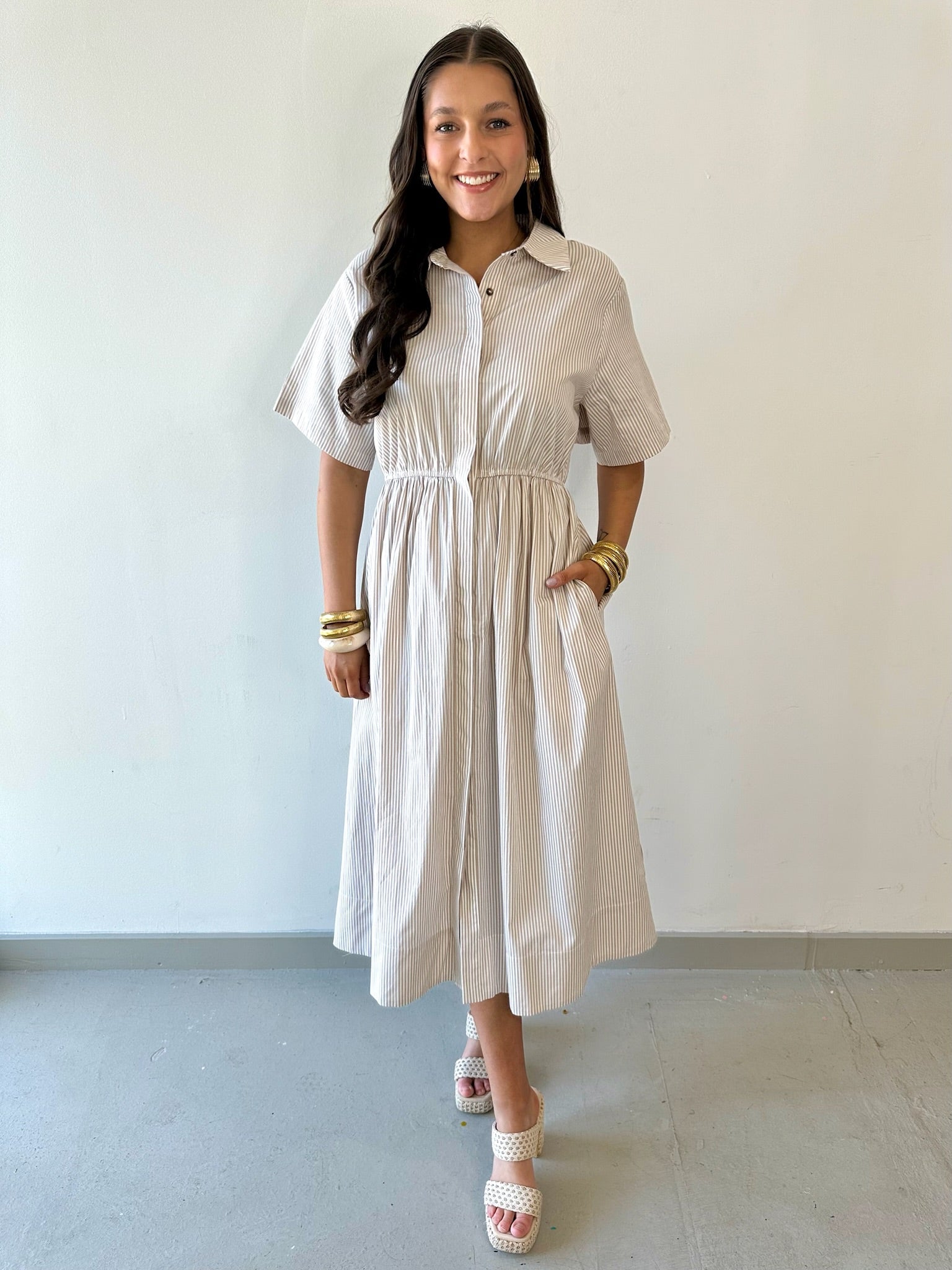 Striped Collared Maxi Dress - Taupe