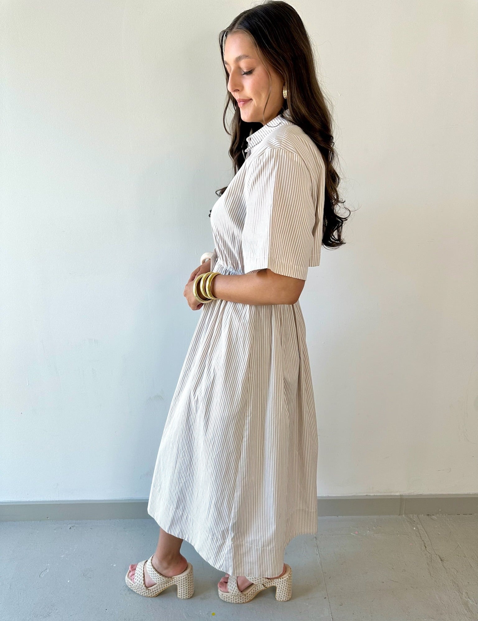 Striped Collared Maxi Dress - Taupe