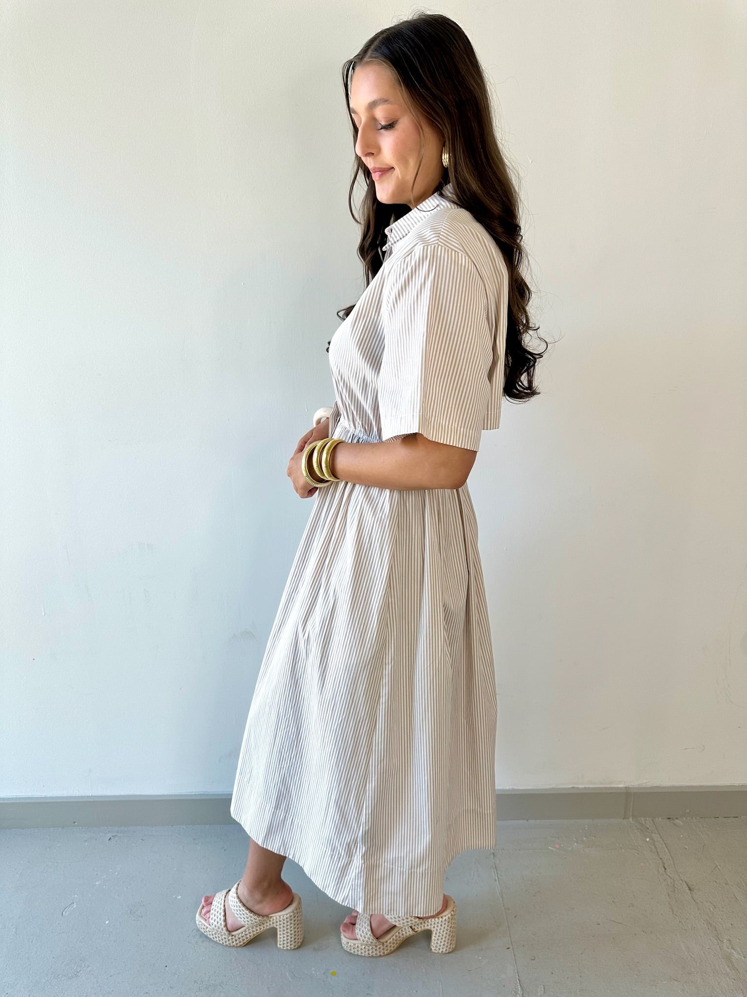 Striped Collared Maxi Dress - Taupe