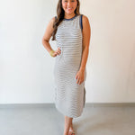 Striped Contrast Trim Knit Midi Dress - Navy