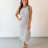 Striped Contrast Trim Knit Midi Dress - Navy