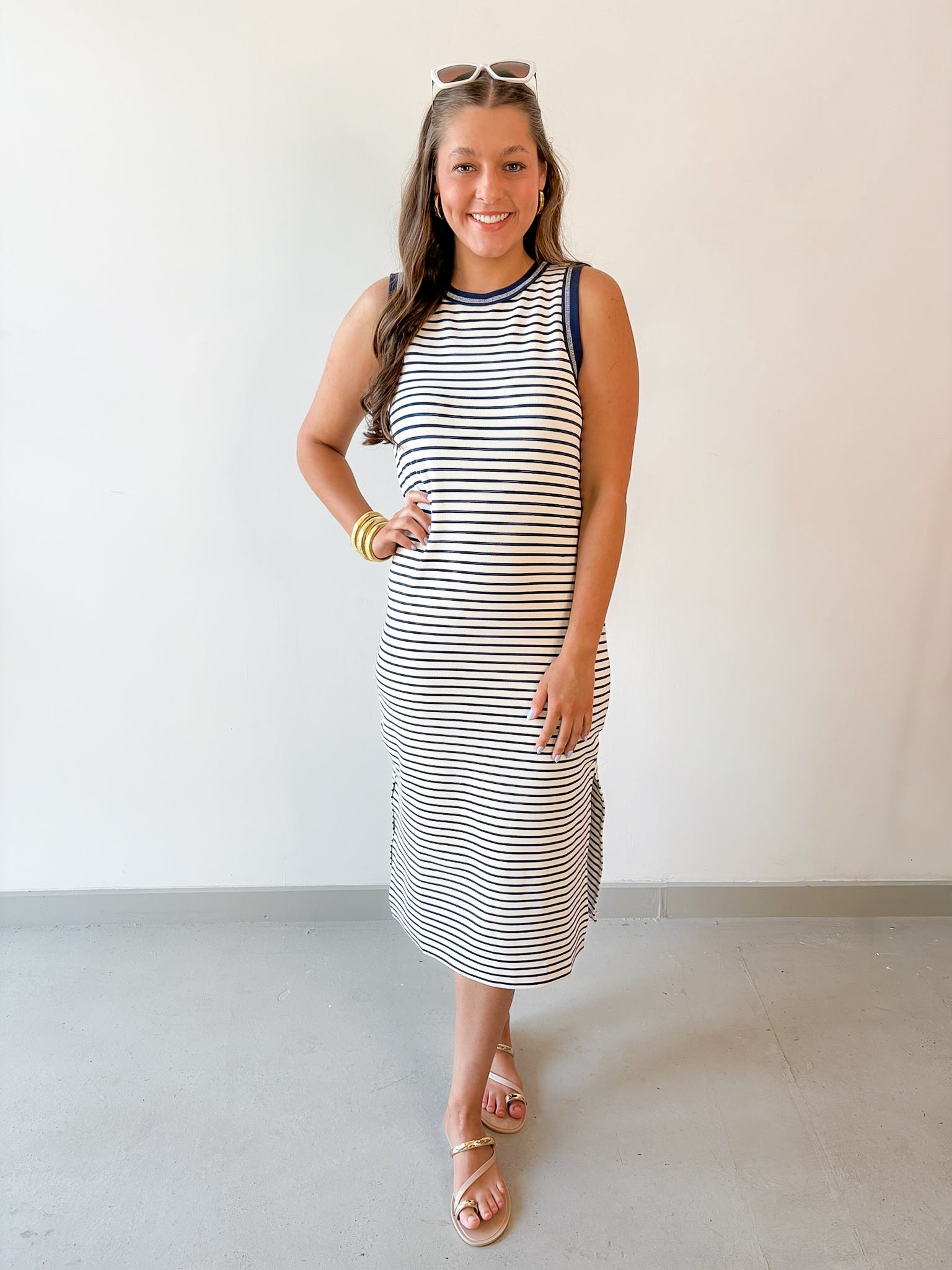 Striped Contrast Trim Knit Midi Dress - Navy