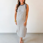 Striped Contrast Trim Knit Midi Dress - Navy