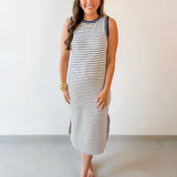 Striped Contrast Trim Knit Midi Dress - Navy