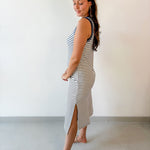 Striped Contrast Trim Knit Midi Dress - Navy