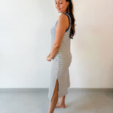 Striped Contrast Trim Knit Midi Dress - Navy
