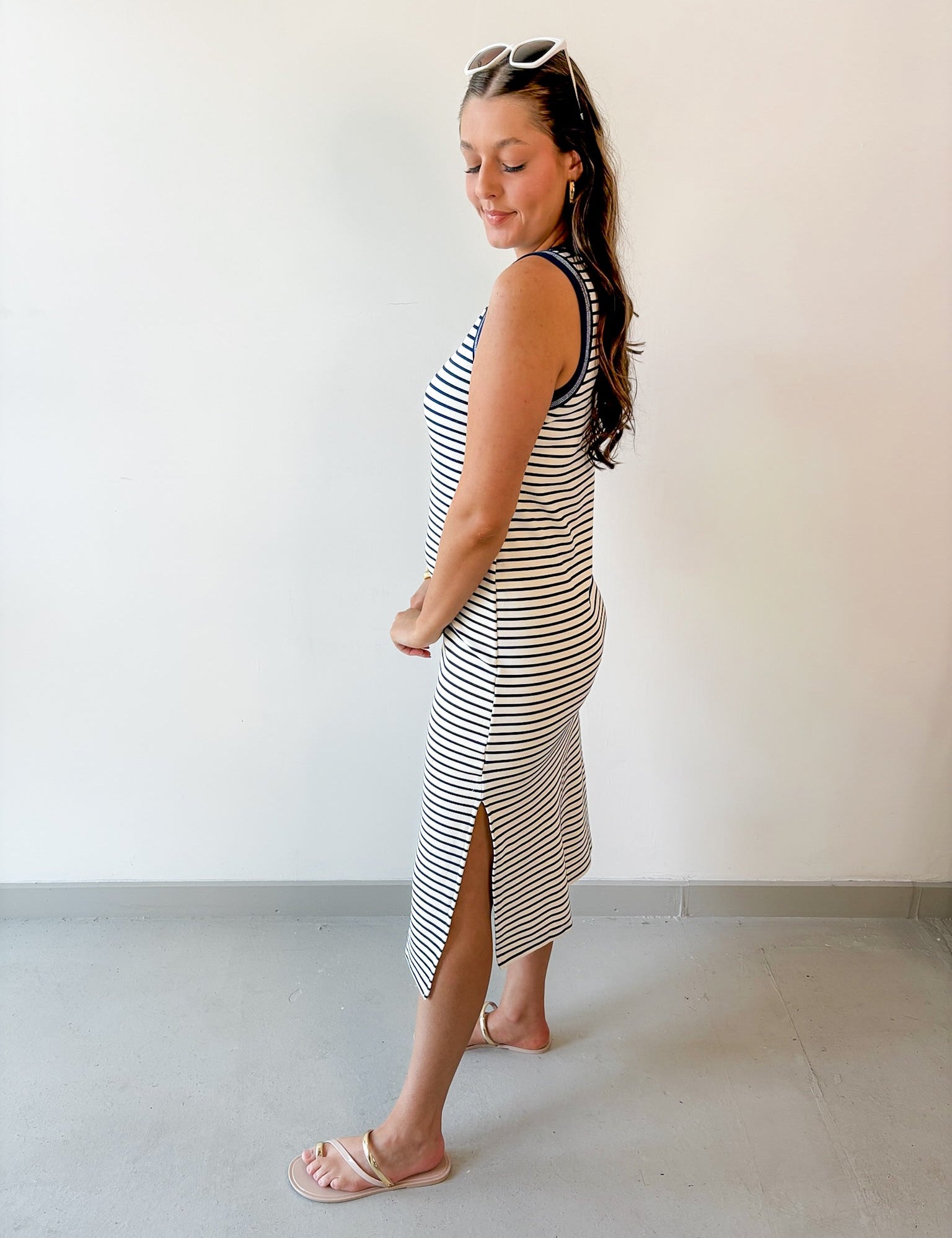 Striped Contrast Trim Knit Midi Dress - Navy