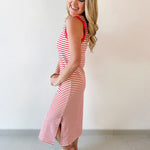 Striped Contrast Trim Knit Midi Dress - Red