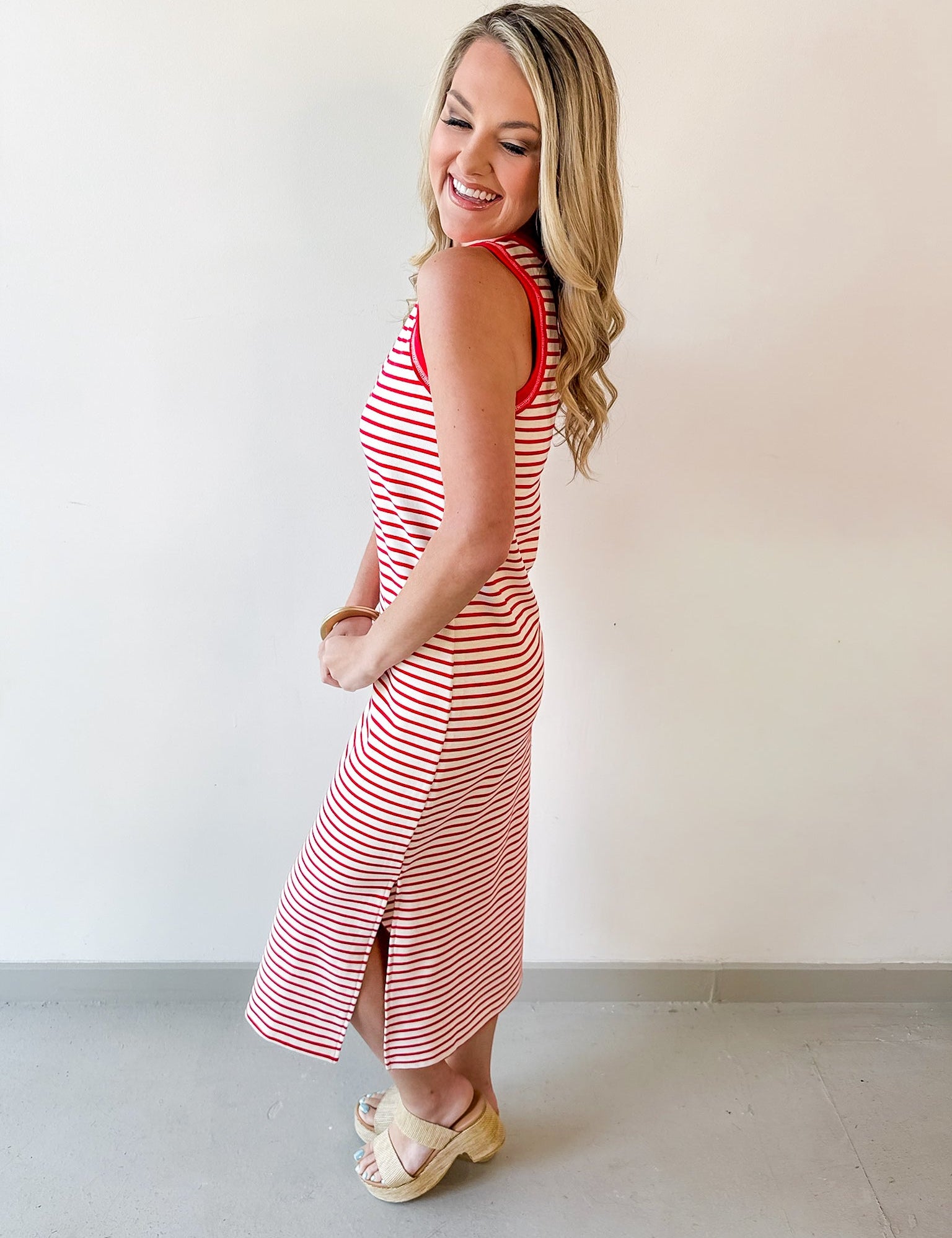 Striped Contrast Trim Knit Midi Dress - Red