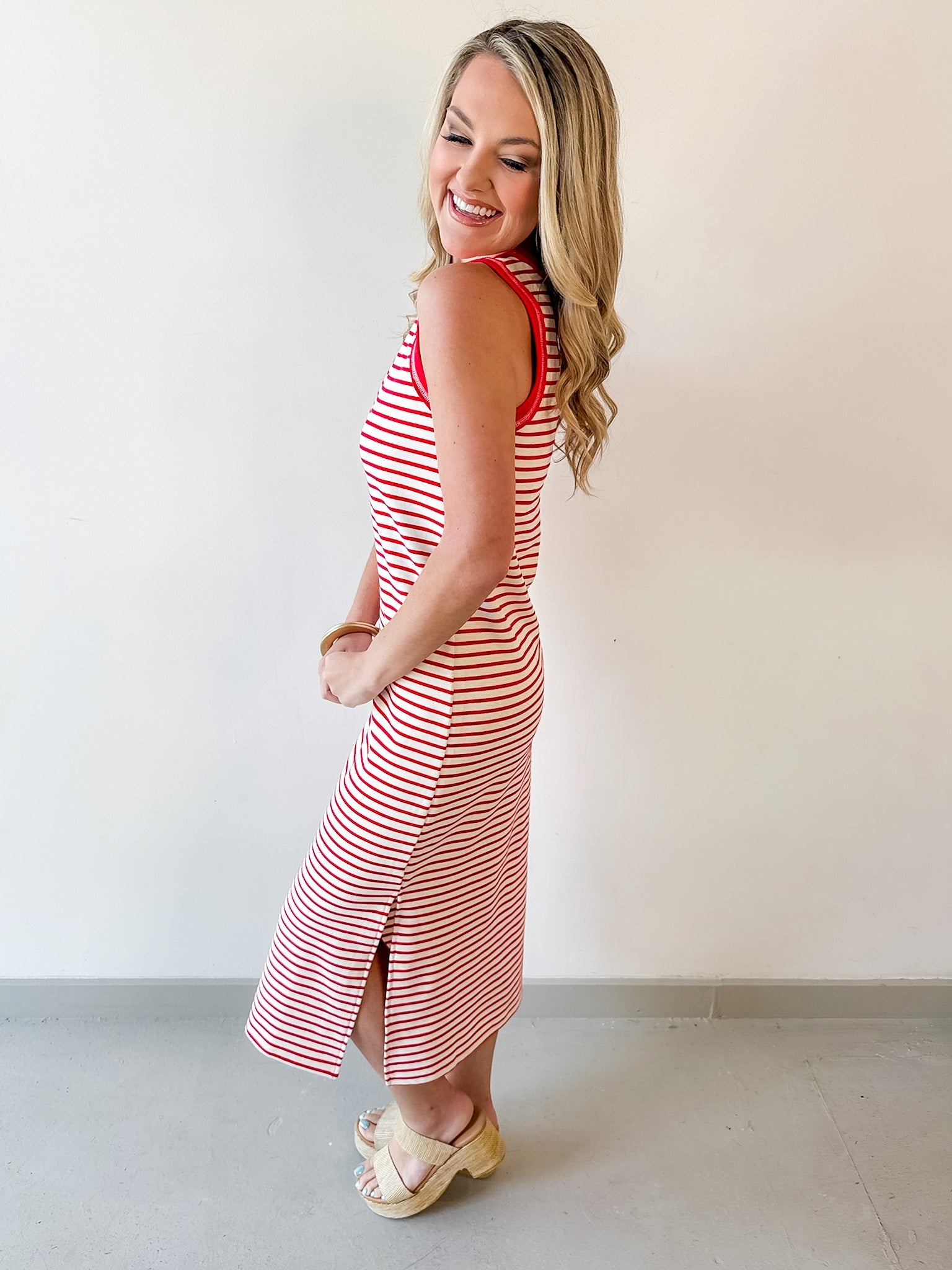 Striped Contrast Trim Knit Midi Dress - Red