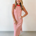 Striped Contrast Trim Knit Midi Dress - Red