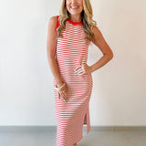 Striped Contrast Trim Knit Midi Dress - Red