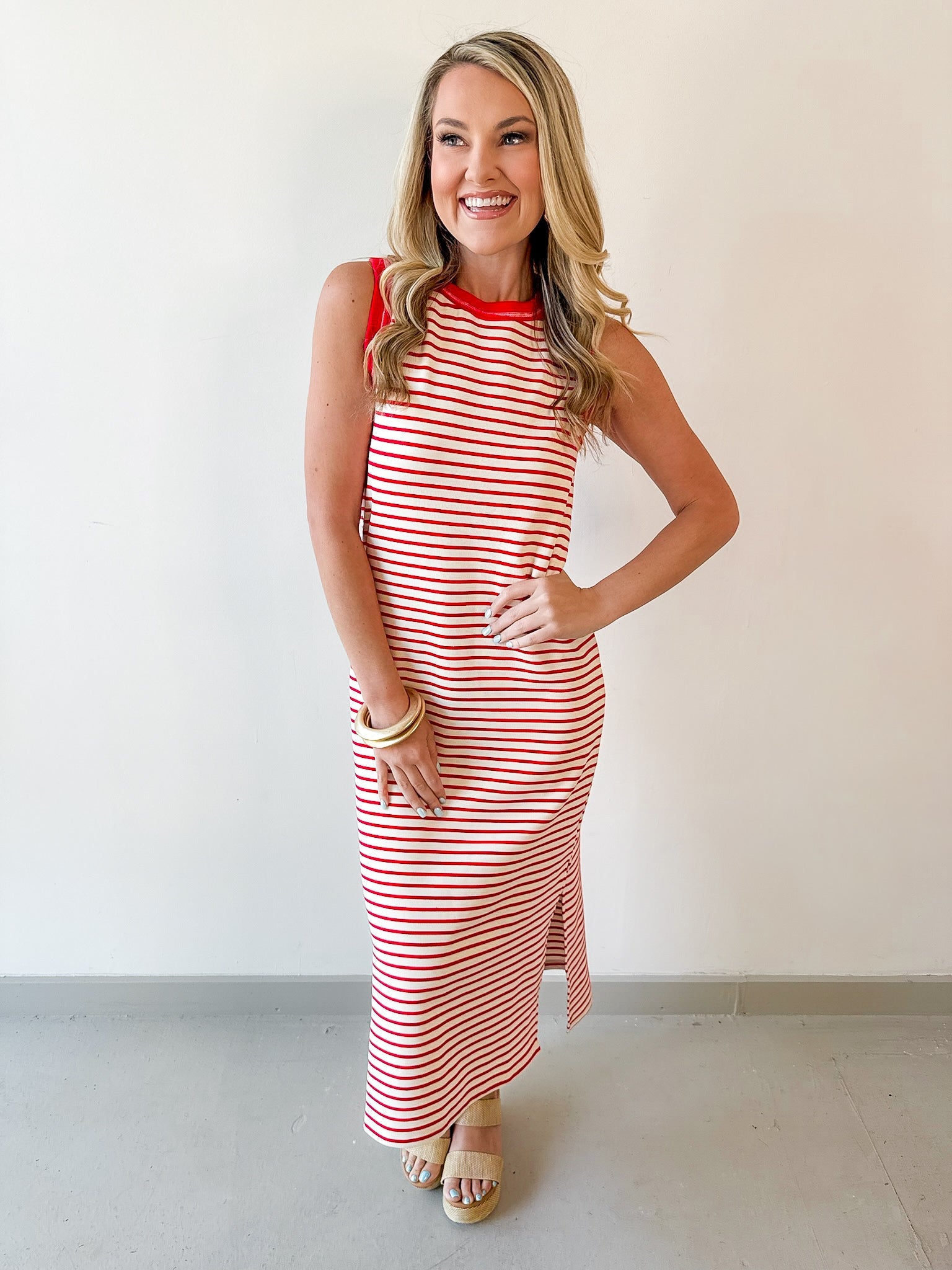 Striped Contrast Trim Knit Midi Dress - Red