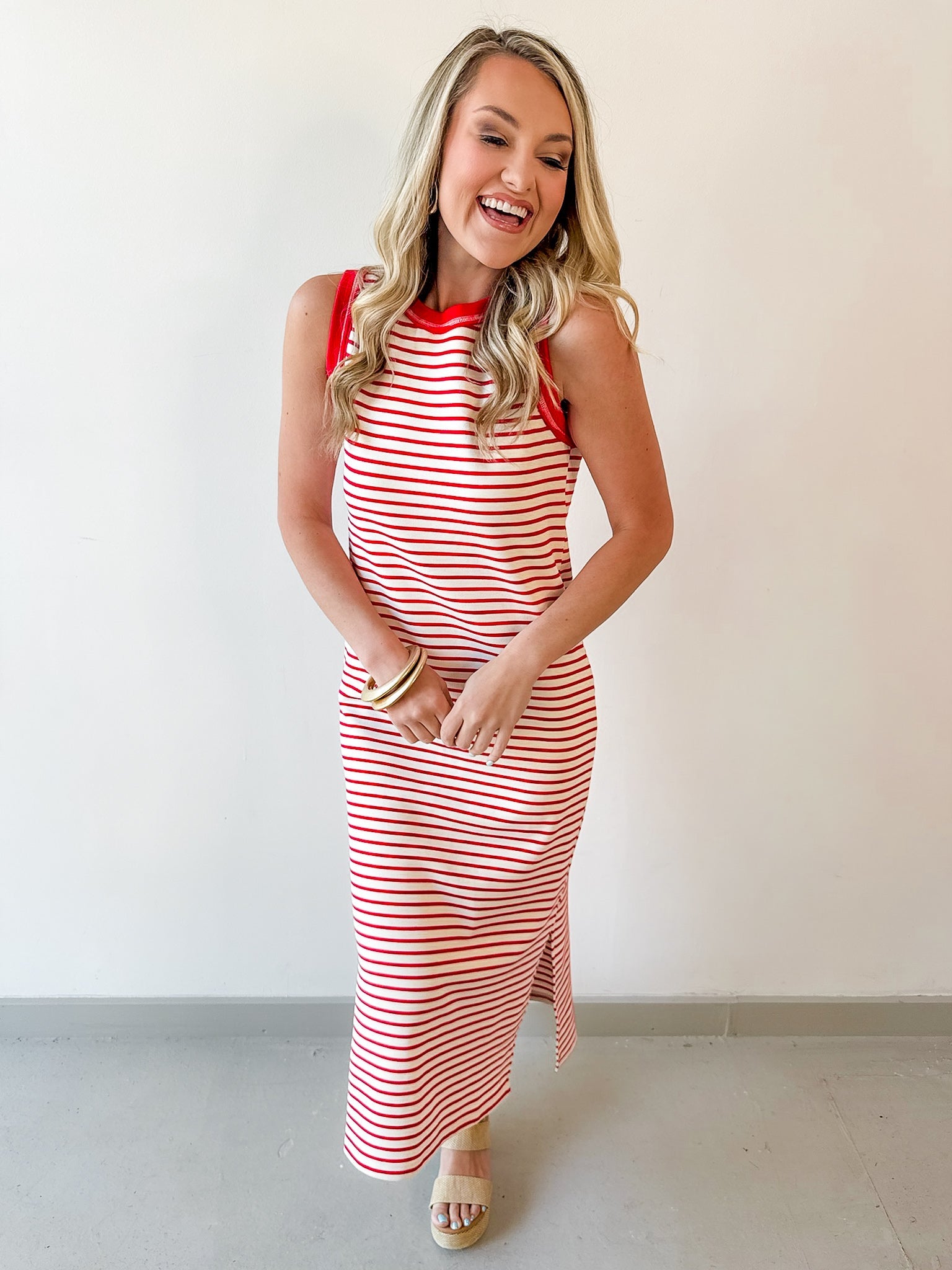Striped Contrast Trim Knit Midi Dress - Red