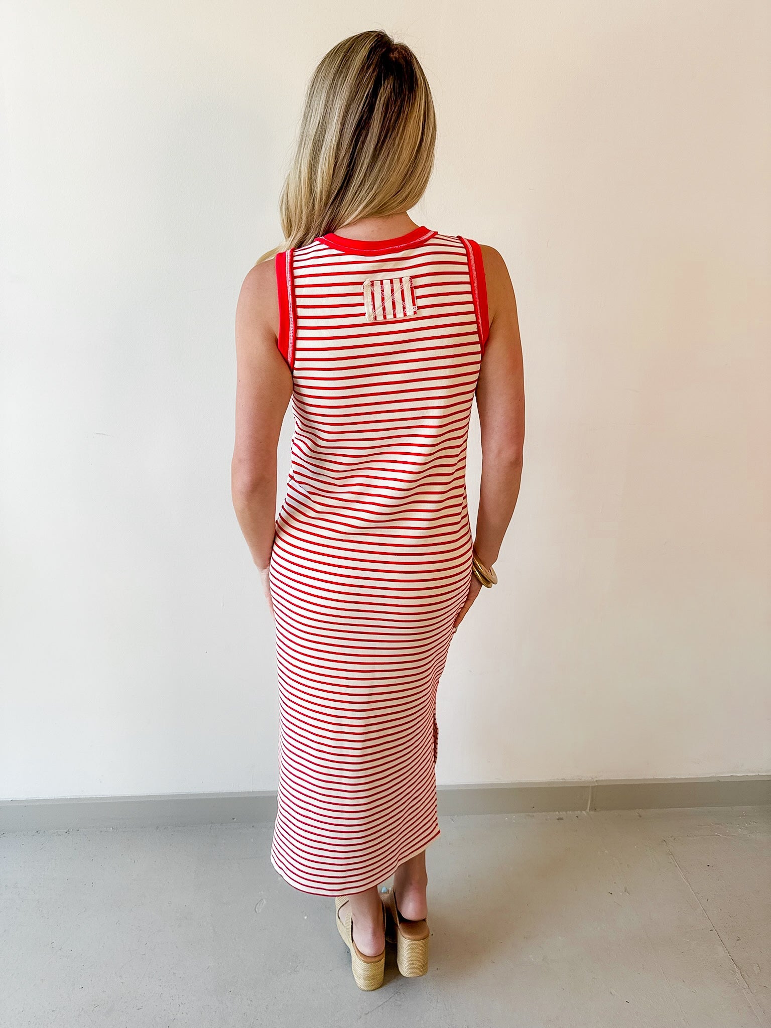 Striped Contrast Trim Knit Midi Dress - Red