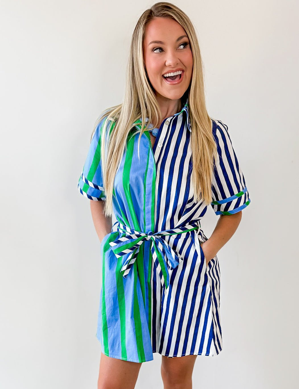 Striped Cotton Crepe Waist Tie Dress