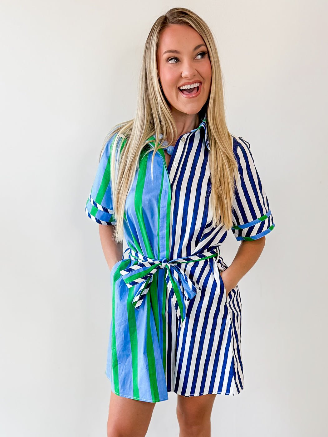 Striped Cotton Crepe Waist Tie Dress