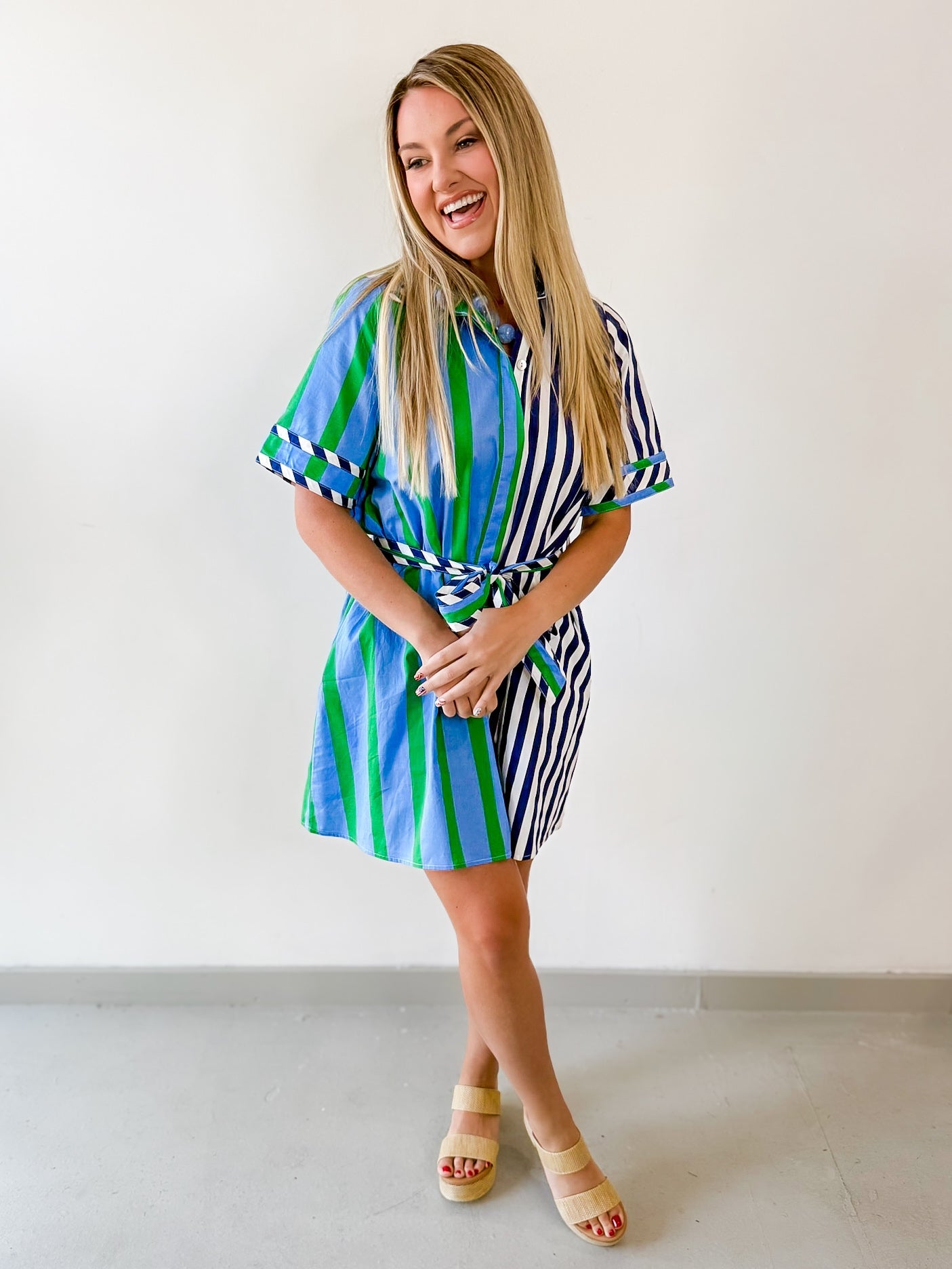 Striped Cotton Crepe Waist Tie Dress