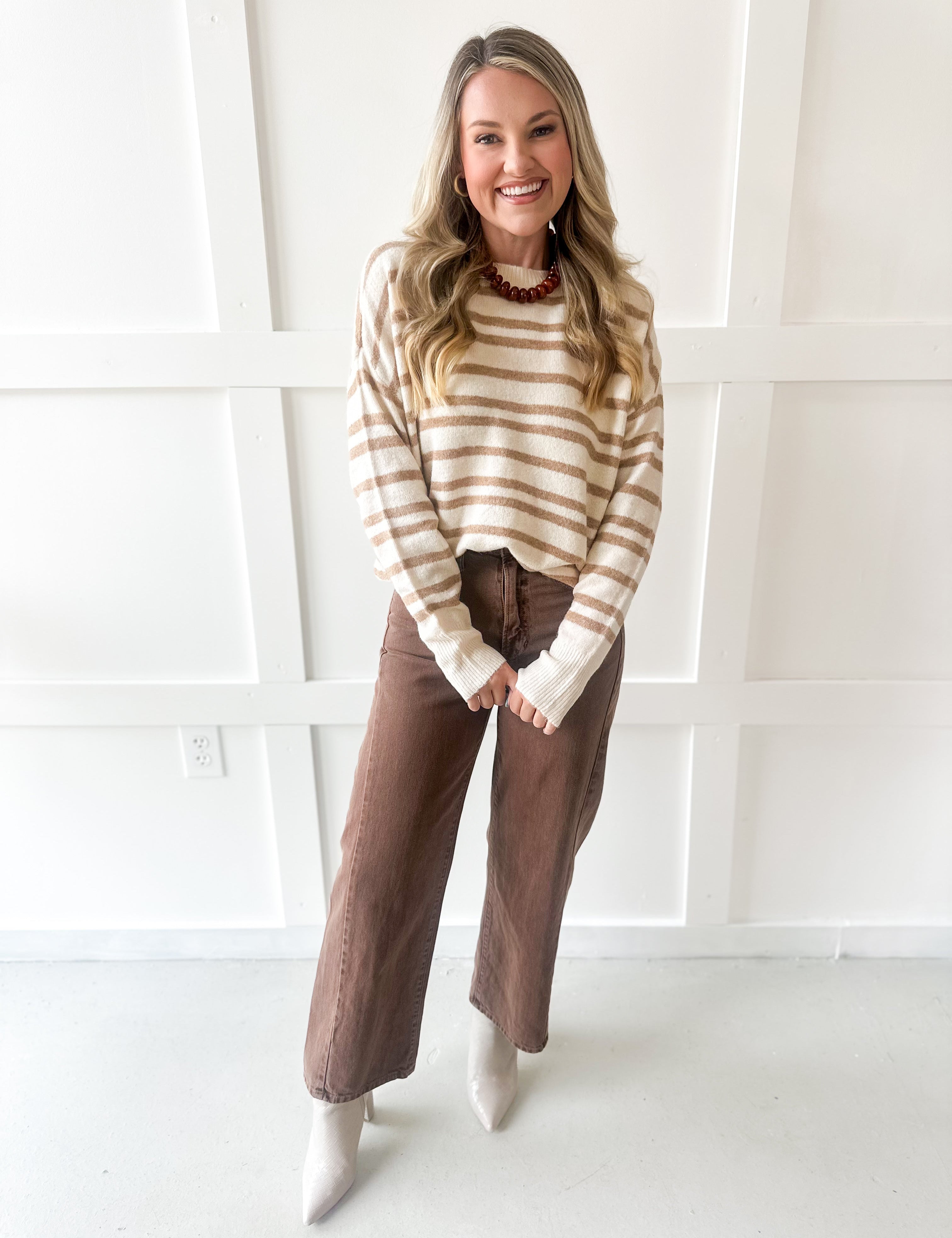 Striped Crew Neck Sweater- Taupe