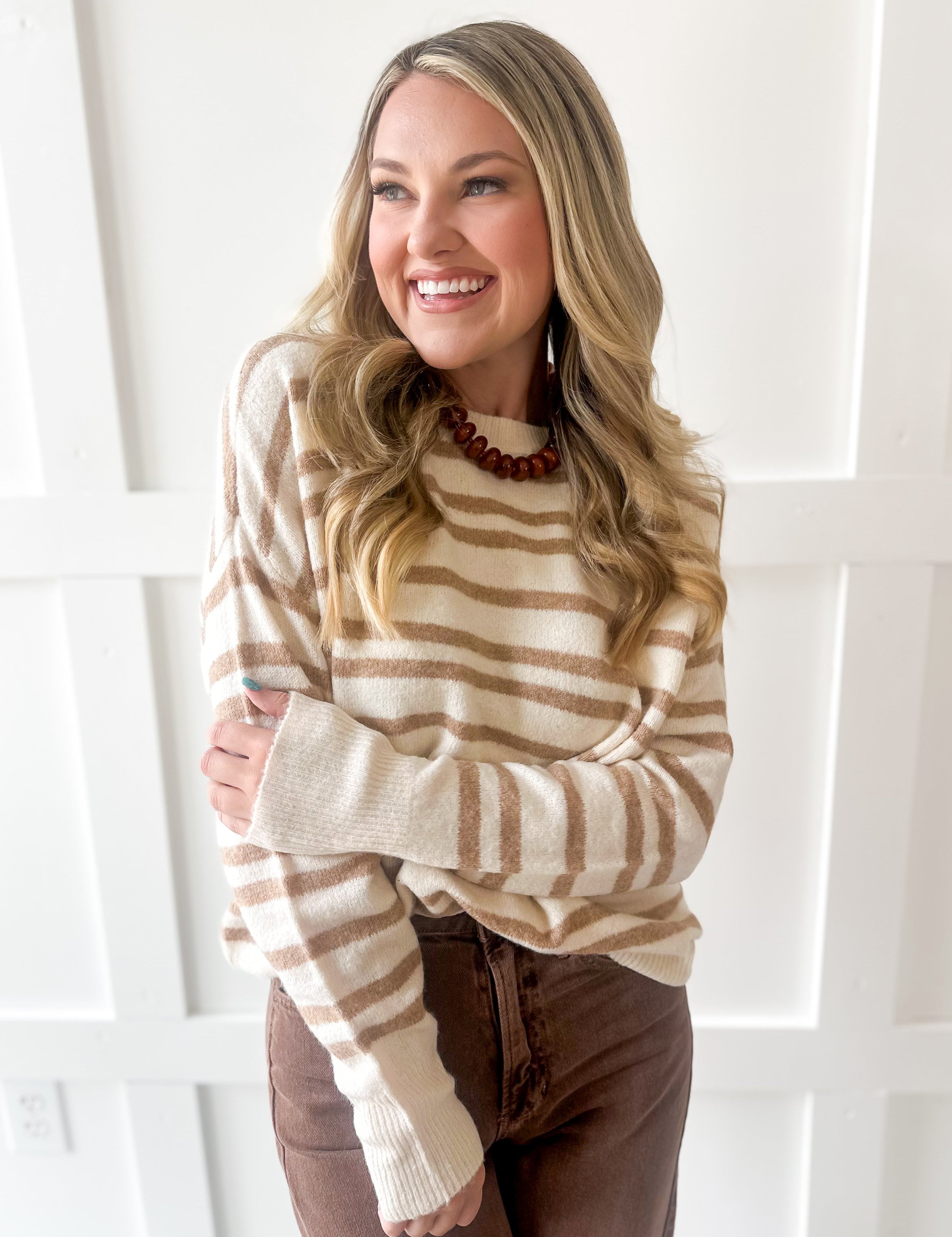 Striped Crew Neck Sweater- Taupe