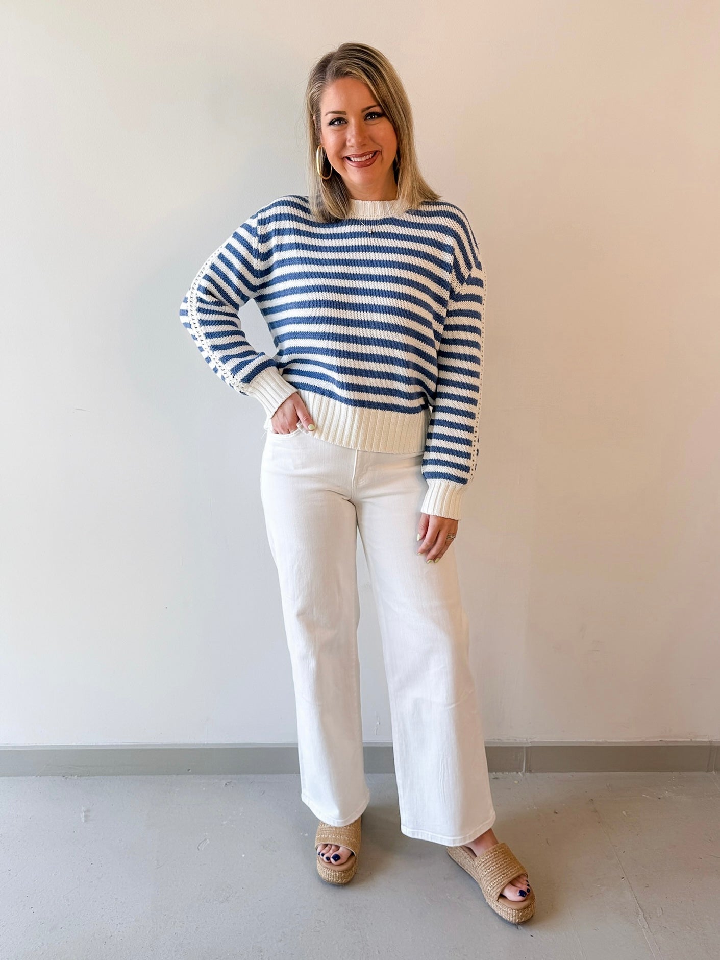 Striped Crew Sweater - Off White/Blue