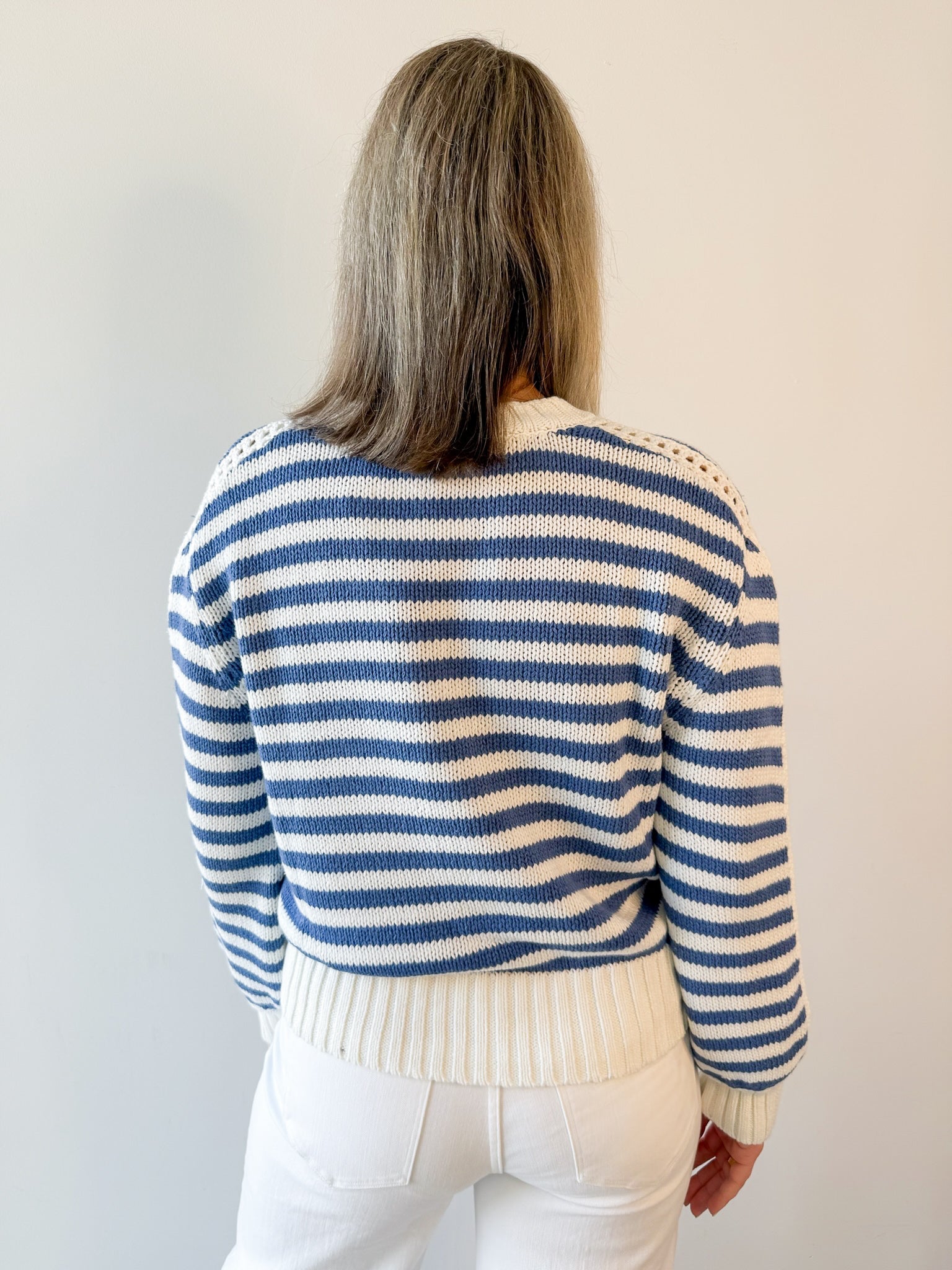 Striped Crew Sweater - Off White/Blue