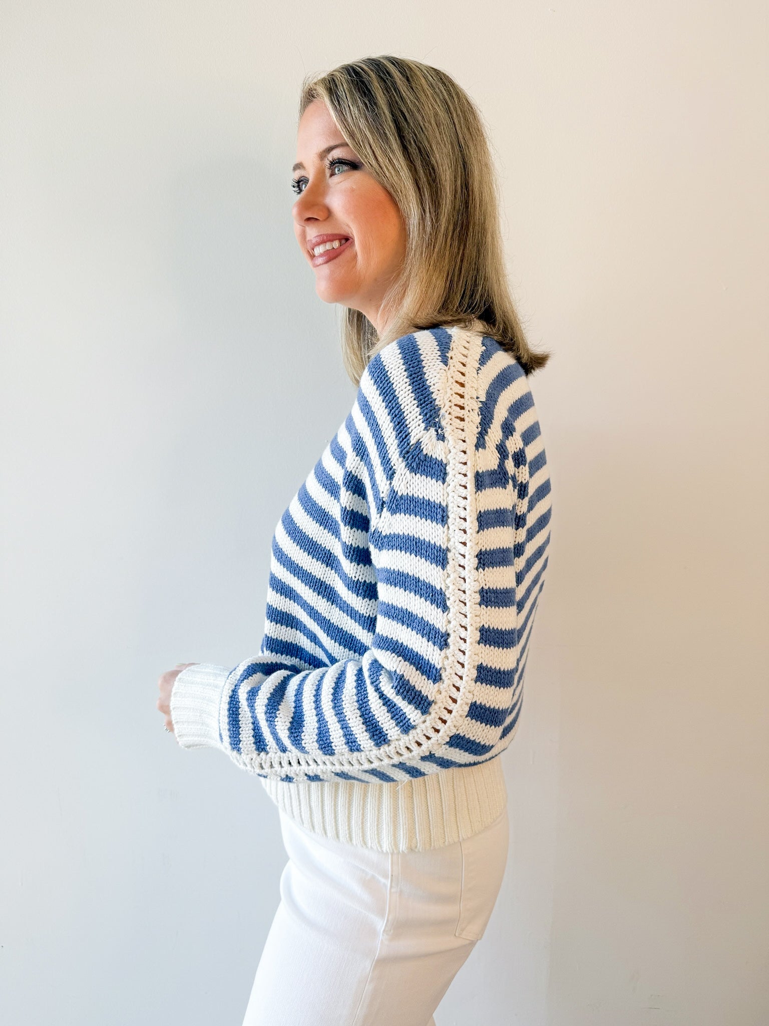 Striped Crew Sweater - Off White/Blue