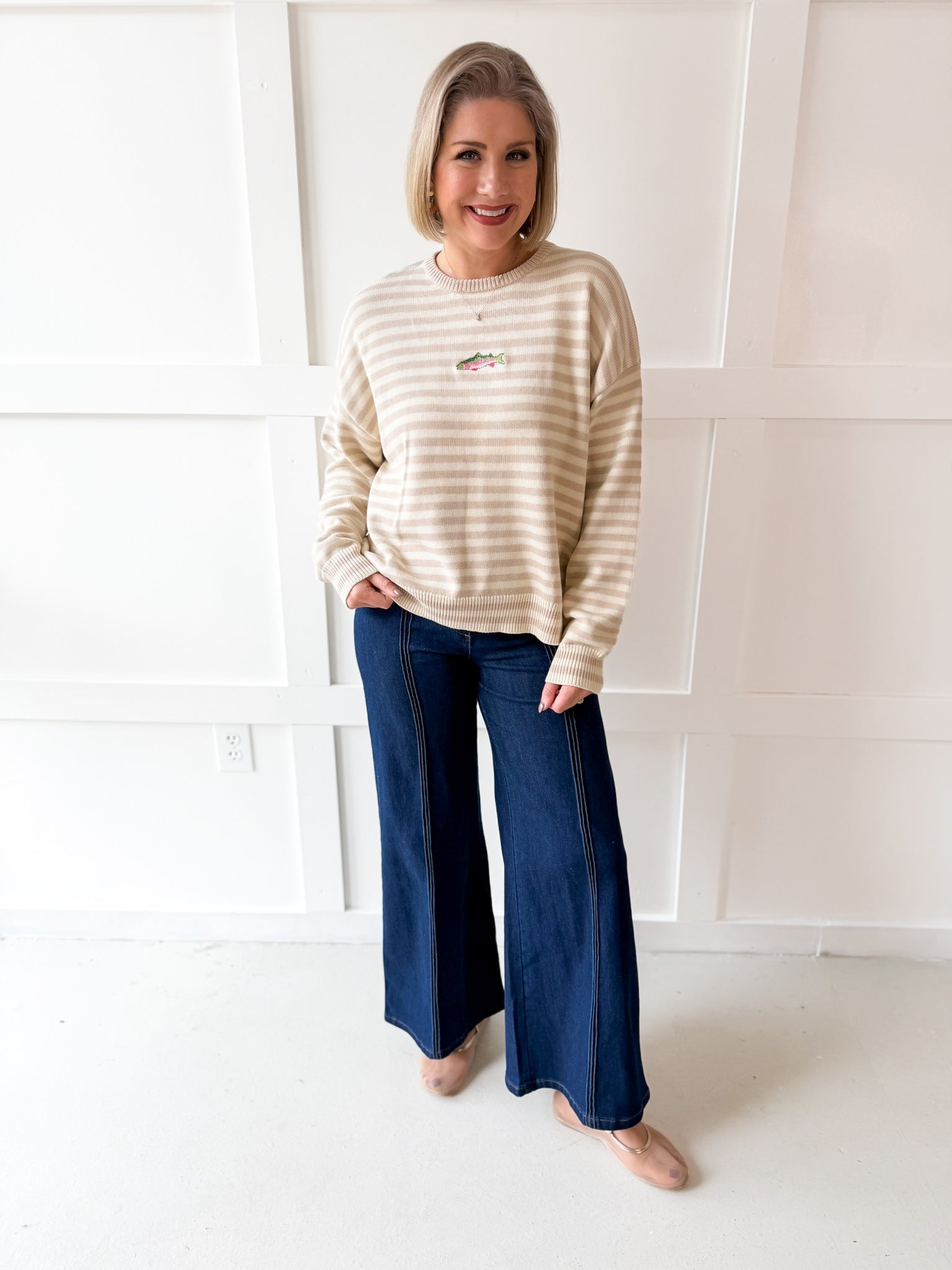 Striped Fish Sweater - Taupe/Sand