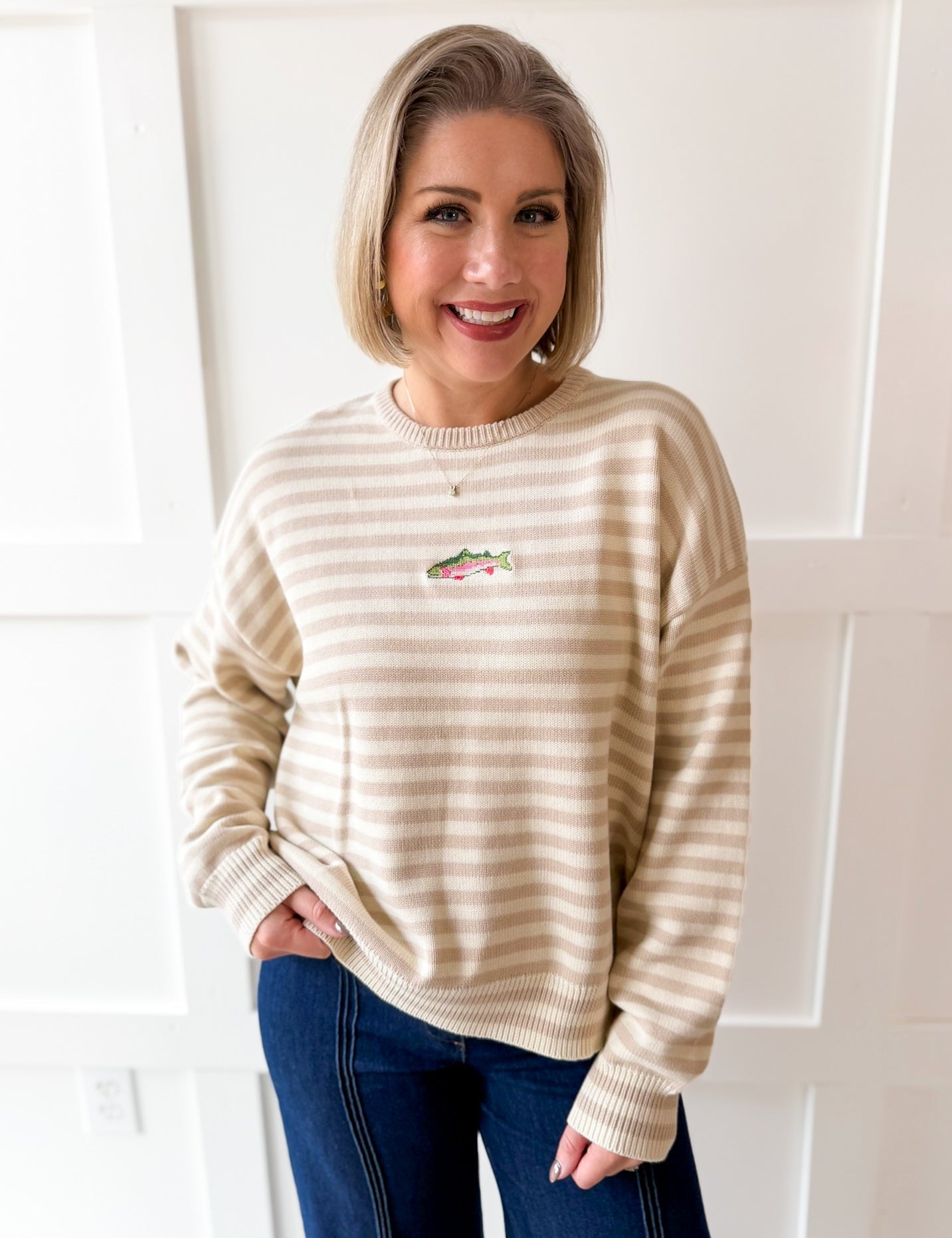 Striped Fish Sweater - Taupe/Sand