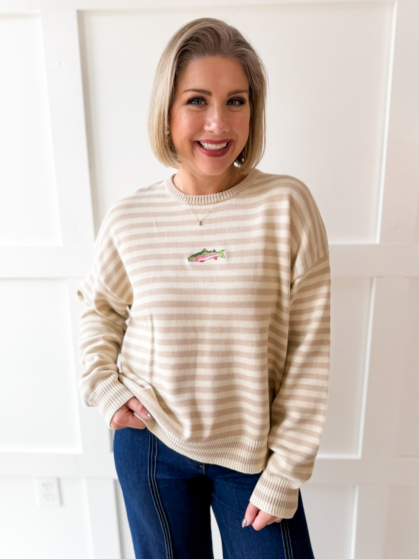 Striped Fish Sweater - Taupe/Sand