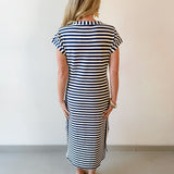 Striped Henley Knit Midi Dress - Navy