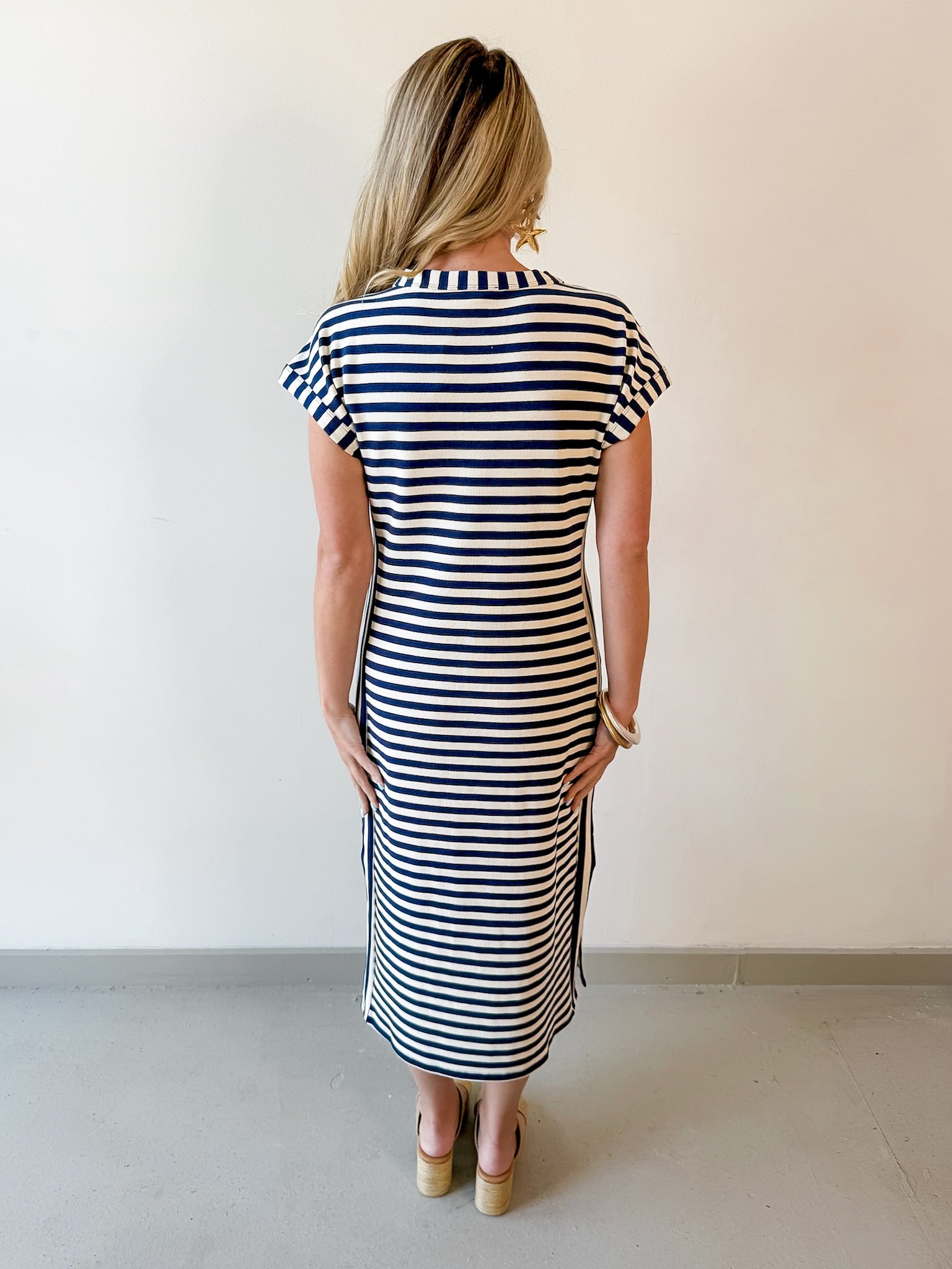 Striped Henley Knit Midi Dress - Navy
