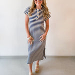 Striped Henley Knit Midi Dress - Navy
