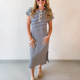 Striped Henley Knit Midi Dress - Navy