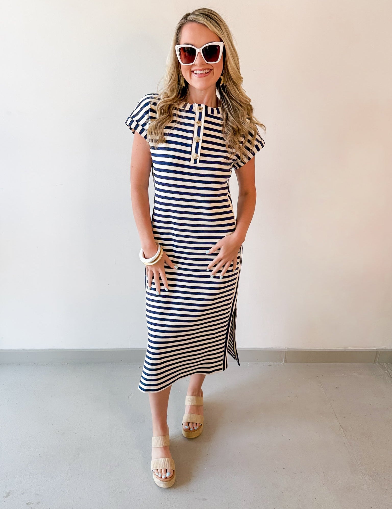 Striped Henley Knit Midi Dress - Navy