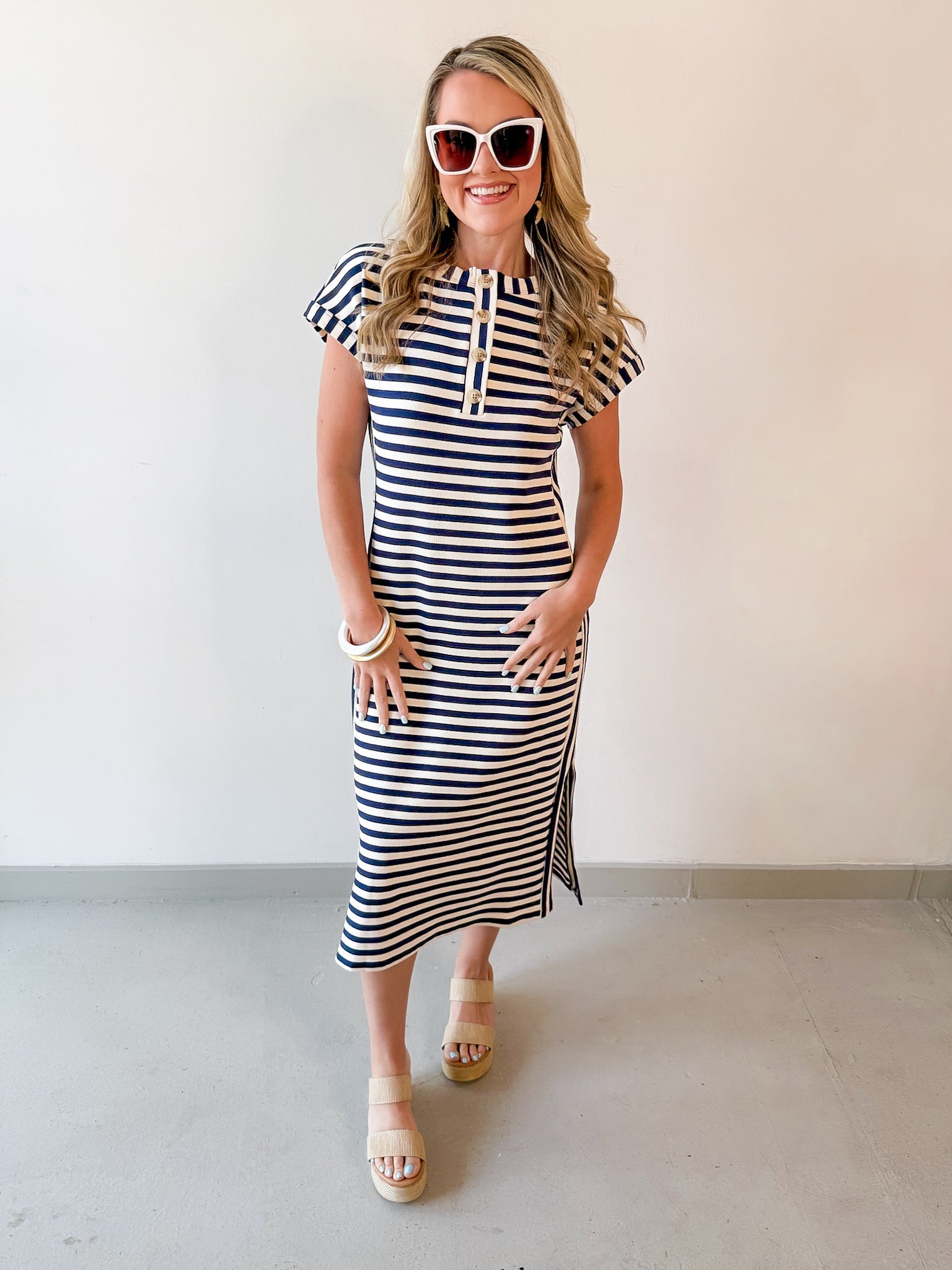 Striped Henley Knit Midi Dress - Navy