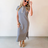 Striped Henley Knit Midi Dress - Navy
