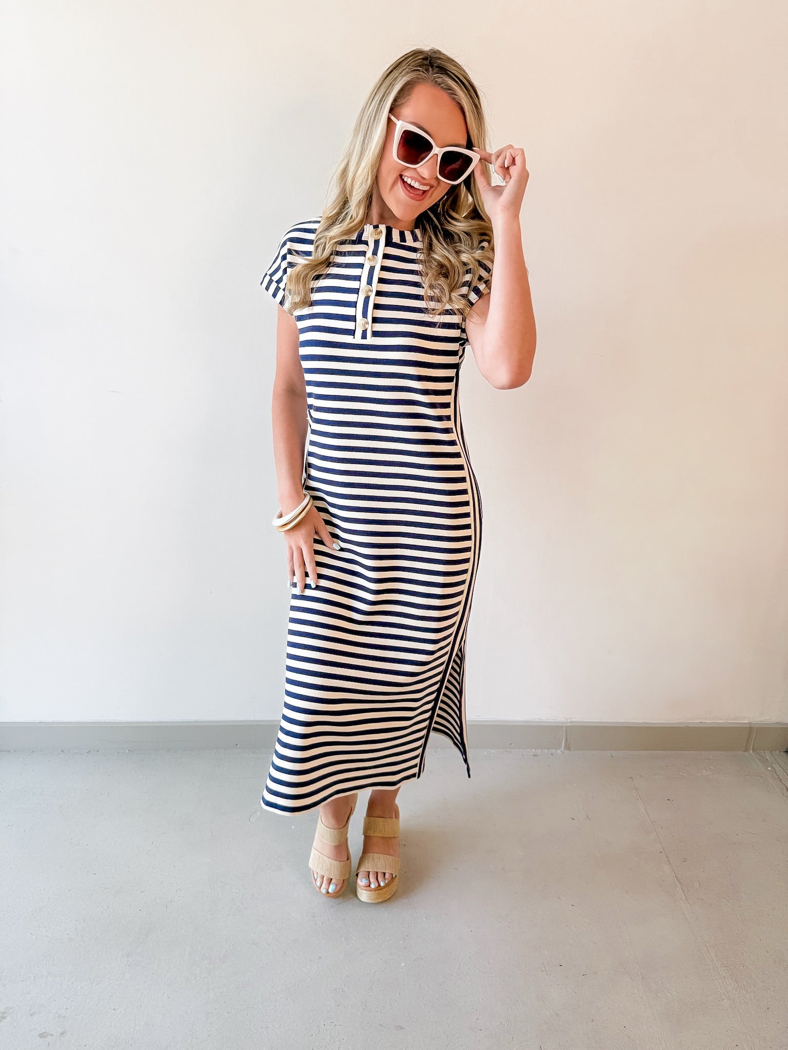 Striped Henley Knit Midi Dress - Navy