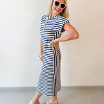 Striped Henley Knit Midi Dress - Navy