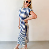 Striped Henley Knit Midi Dress - Navy