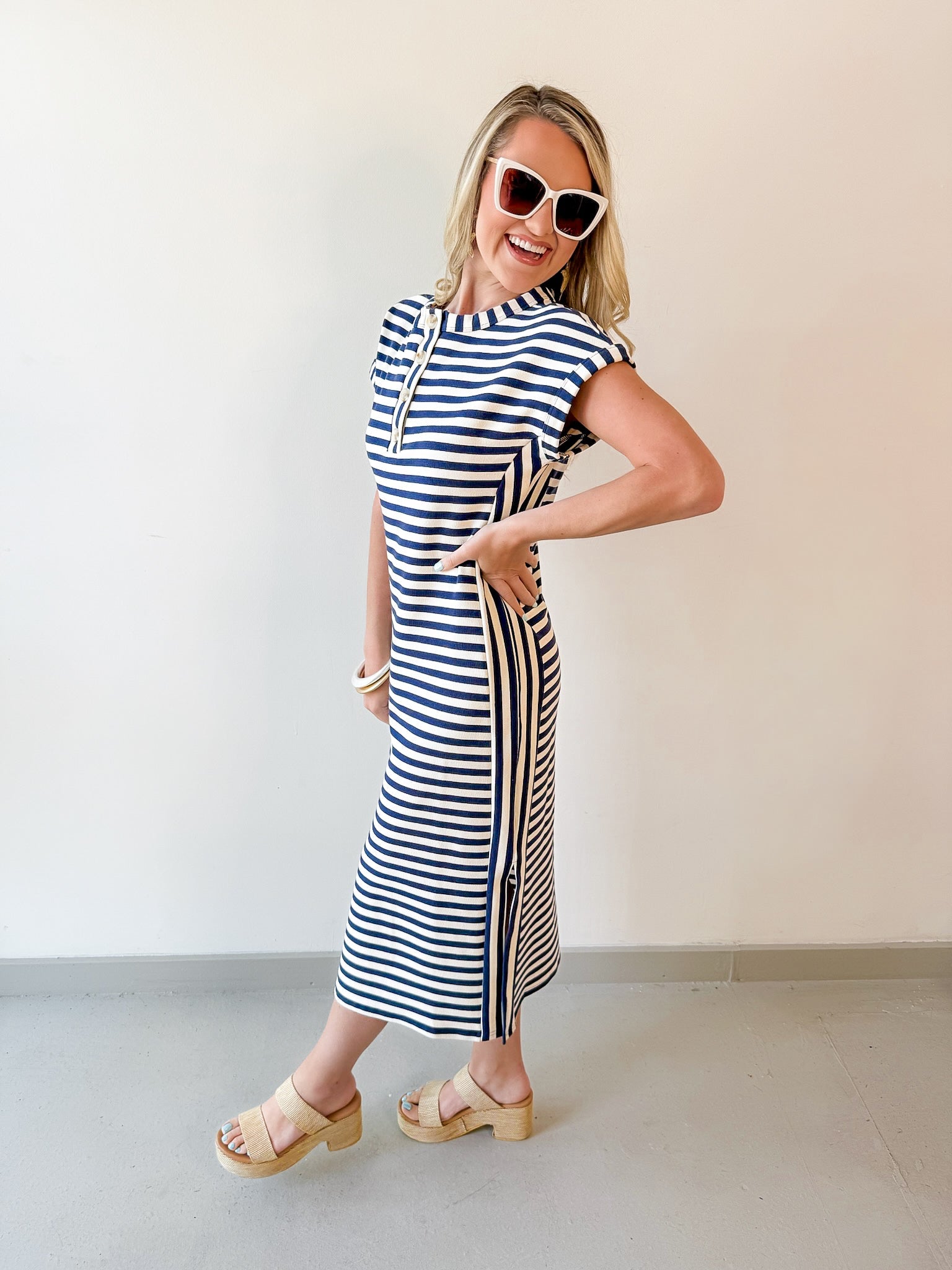 Striped Henley Knit Midi Dress - Navy