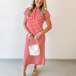Striped Henley Knit Midi Dress - Red