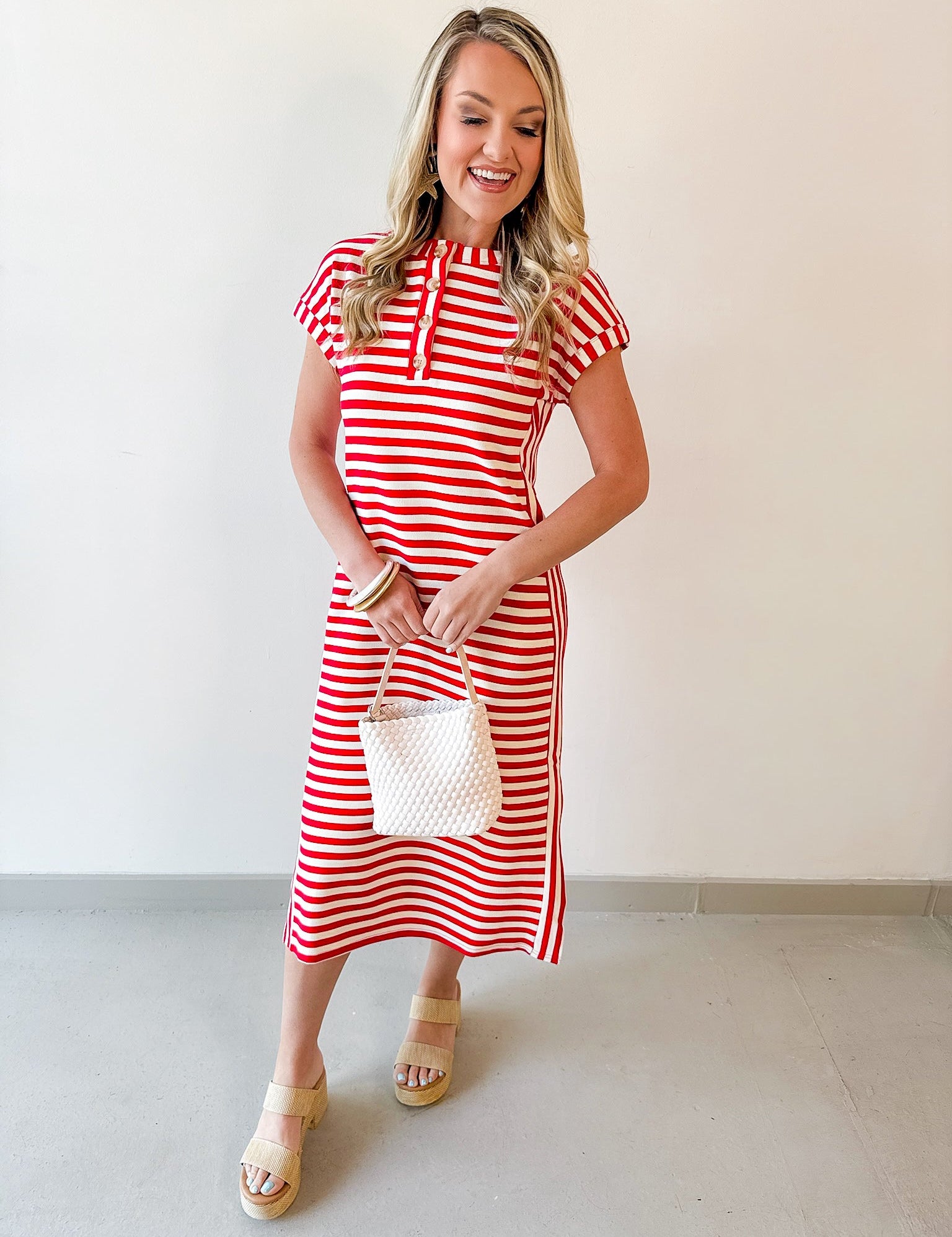 Striped Henley Knit Midi Dress - Red