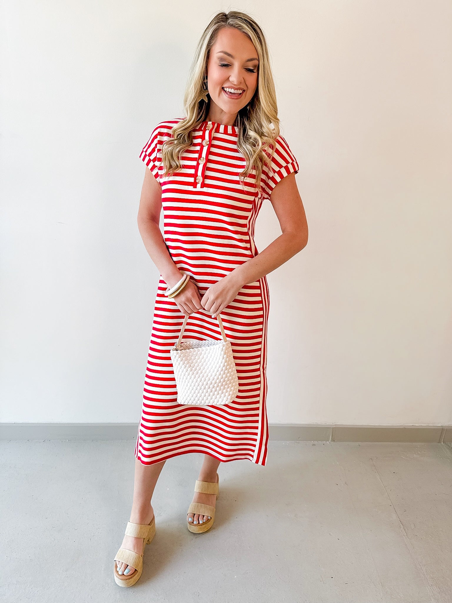 Striped Henley Knit Midi Dress - Red