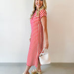 Striped Henley Knit Midi Dress - Red