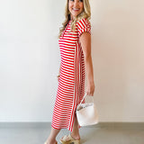 Striped Henley Knit Midi Dress - Red